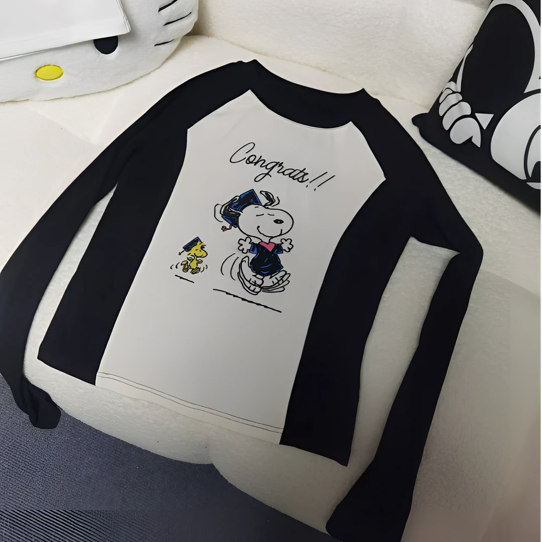 BLX--1205（深圳出品）新款小众设计款史努比印花撞色上衣