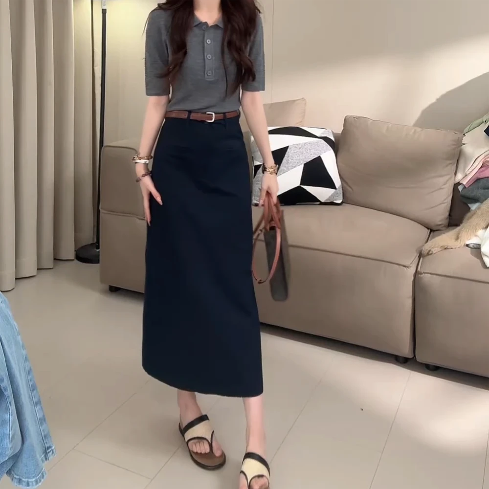 简约气质套装女短袖针织衫2025夏季新款中长款半身裙时尚两件套