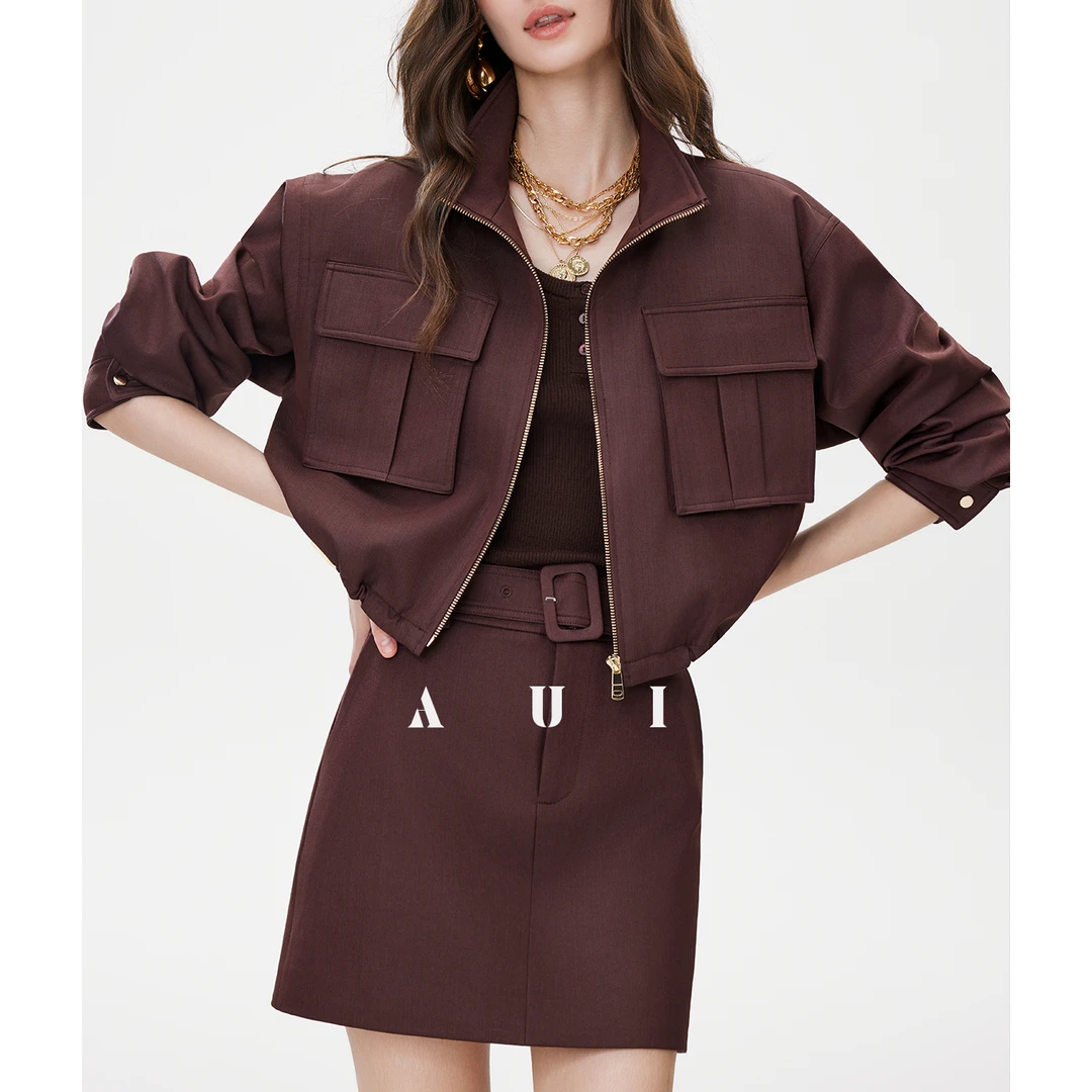 AUI可露丽风显瘦拉链开衫短外套女2025新款半身裙两件套25W100323