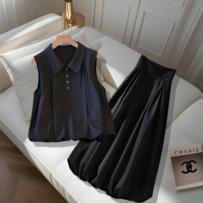 夏装搭配一整套新款韩系极简风polo衫无袖黑色上衣半身裙两件套装