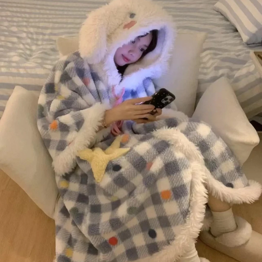 【可爱大耳狗】毛绒珊瑚绒睡袍冬款男女连帽加厚保暖格子睡裙家居服