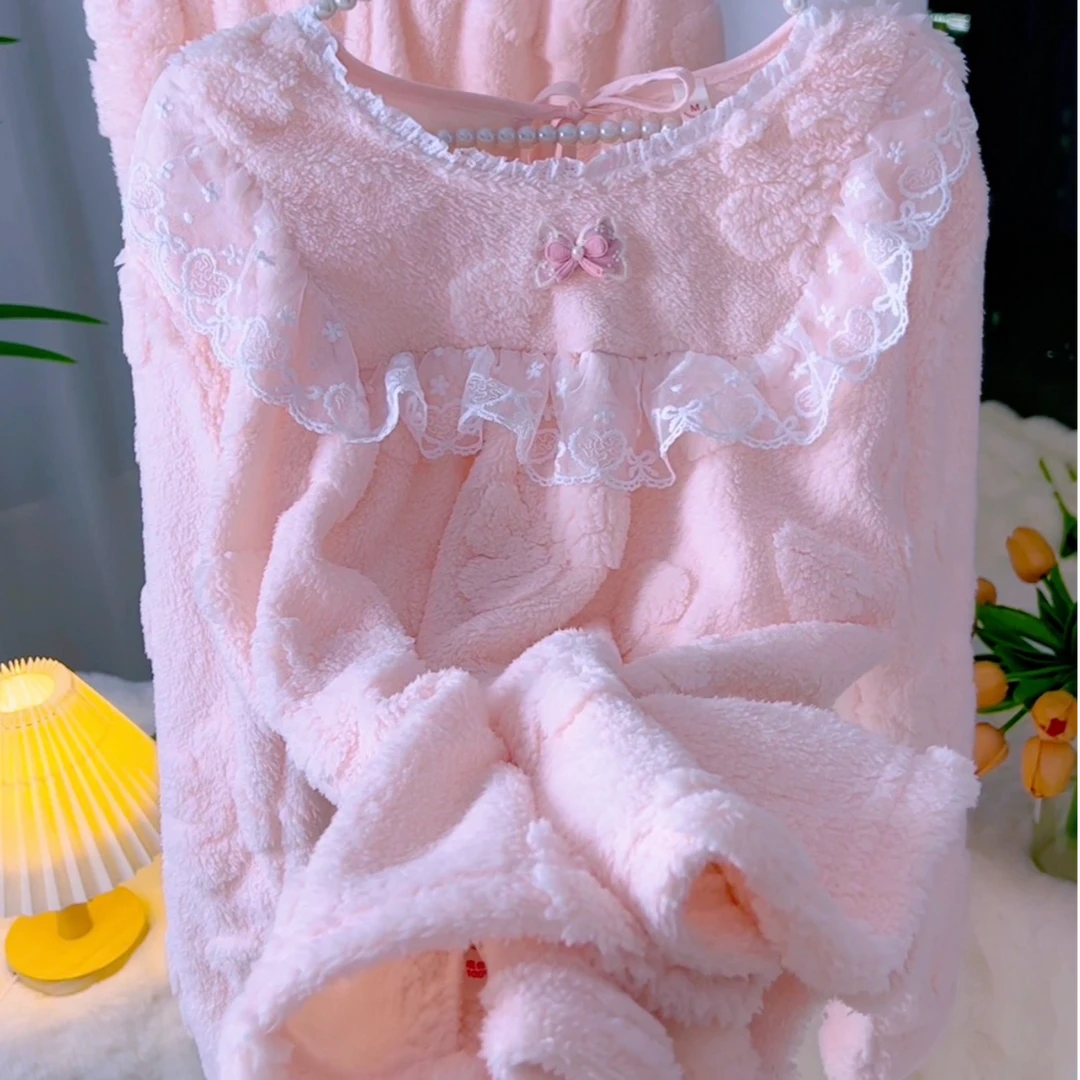 套头秋冬长绒毛暖暖开衫女居家服保暖睡衣套装