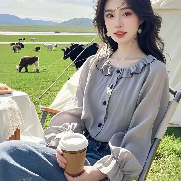 拼接小众衬衫气质洋气长袖上衣显瘦衬衣木耳边小衫设计时尚女装