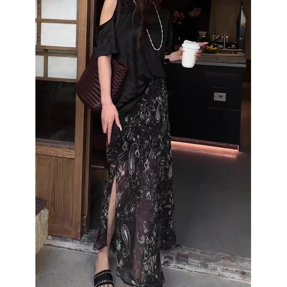 新中式高级感侧开叉印花鱼尾半身裙女2025高腰松紧百搭印花半身裙