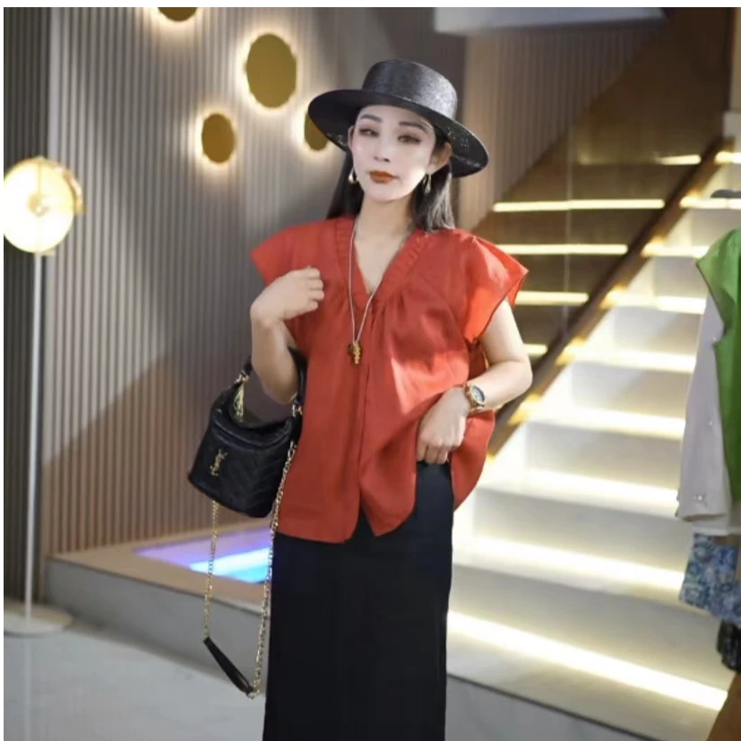 夏季设计感V领时尚百搭100苎麻超凉快女士短袖衬衫YF998201C显瘦