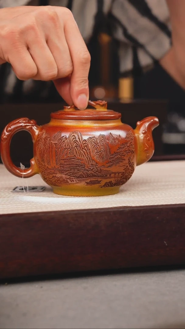 茶壶紫砂火云烧 如意鼓壶 刻绘