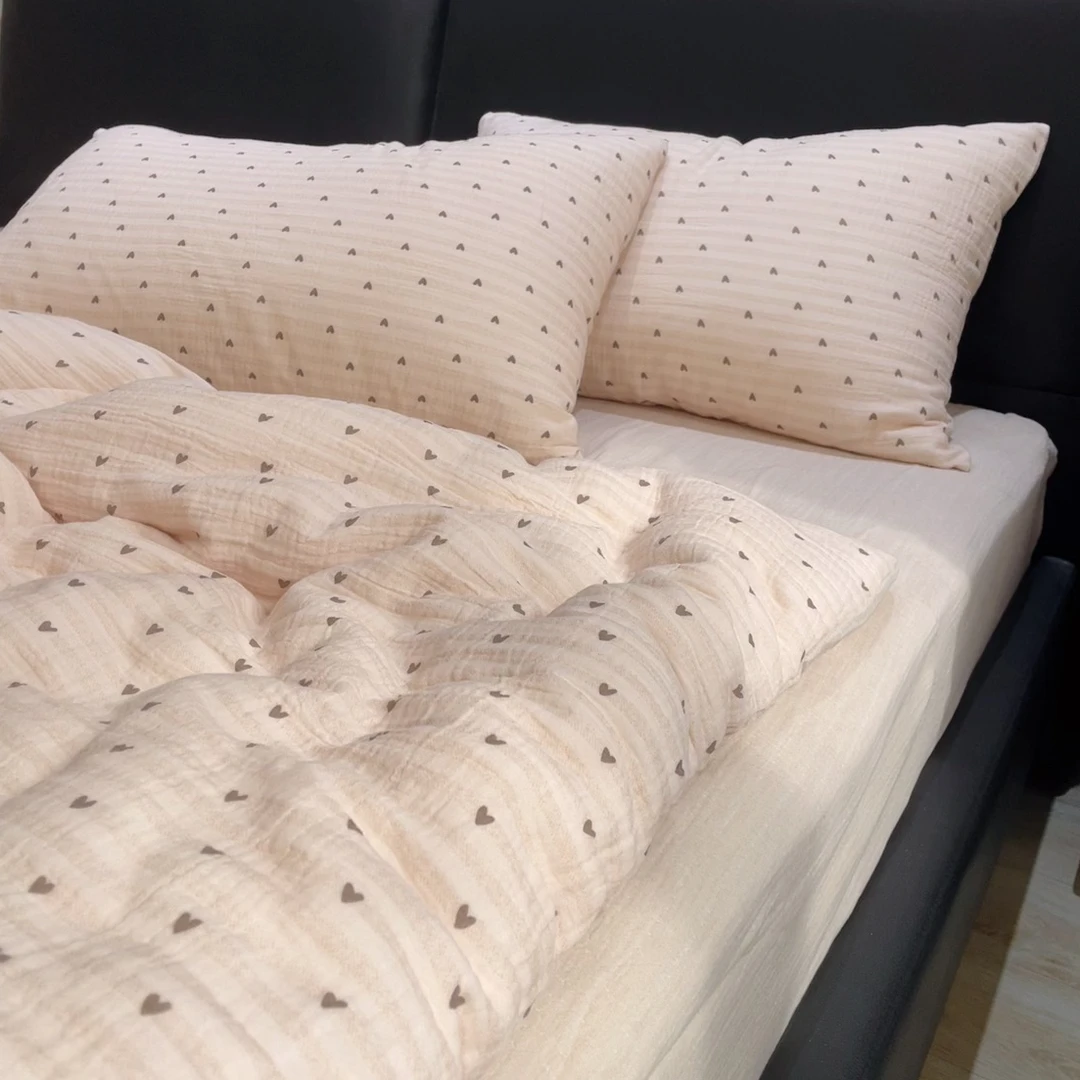 可心咖｜母婴级A类全棉双层皱皱纱四件套小爱心被套柔软裸睡床品