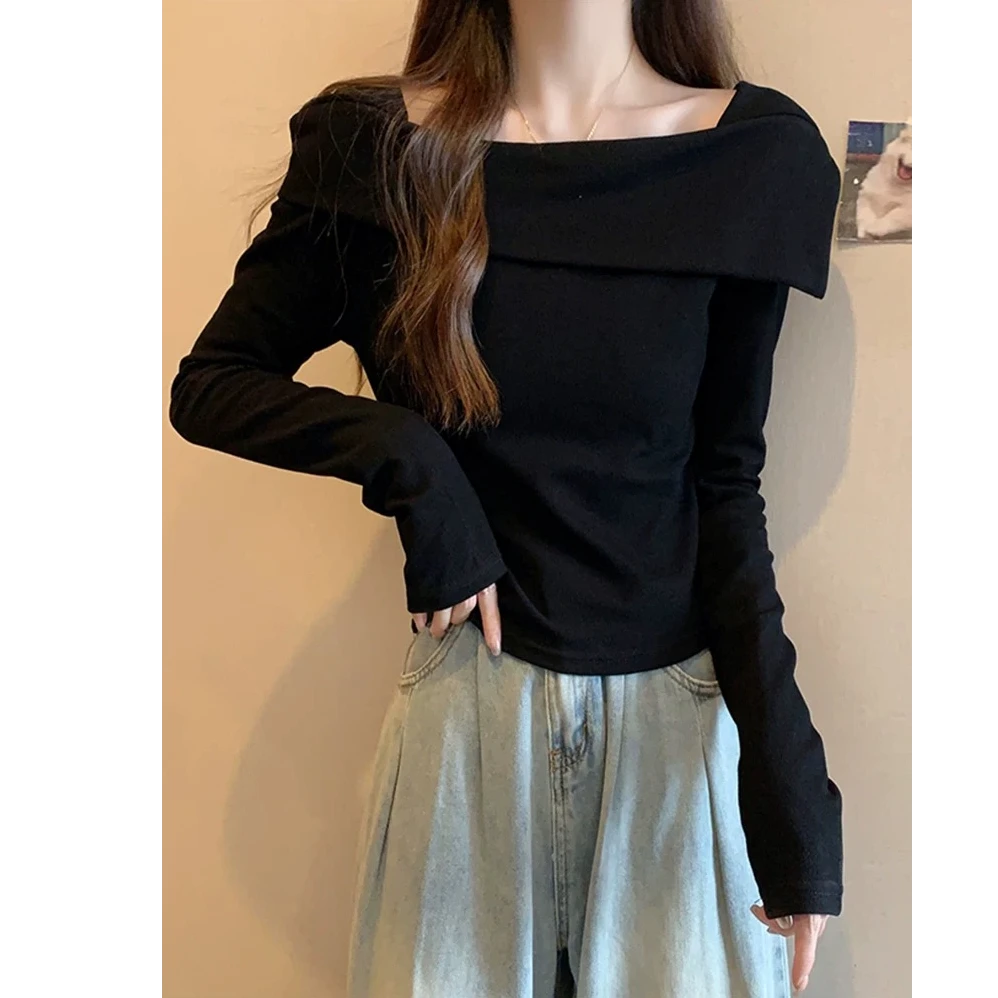 【依依1】大码打底衫女春秋遮肚子显瘦不规则一字肩长袖上衣