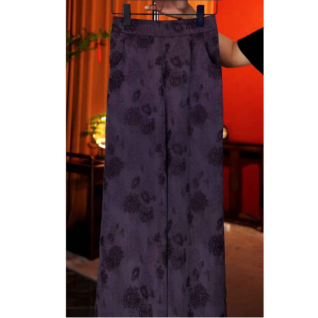 【魏紫牡丹】 蚕丝提花阔腿直筒裤中式复古夏季民族风