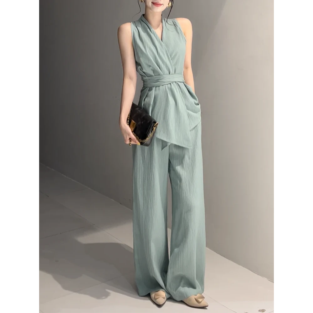 夏季高级感气质街头风慵懒风法式时尚套装阔腿裤设计师两件套女