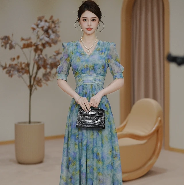 【现货】气质优雅轻奢显瘦百褶腰蓝花连衣裙