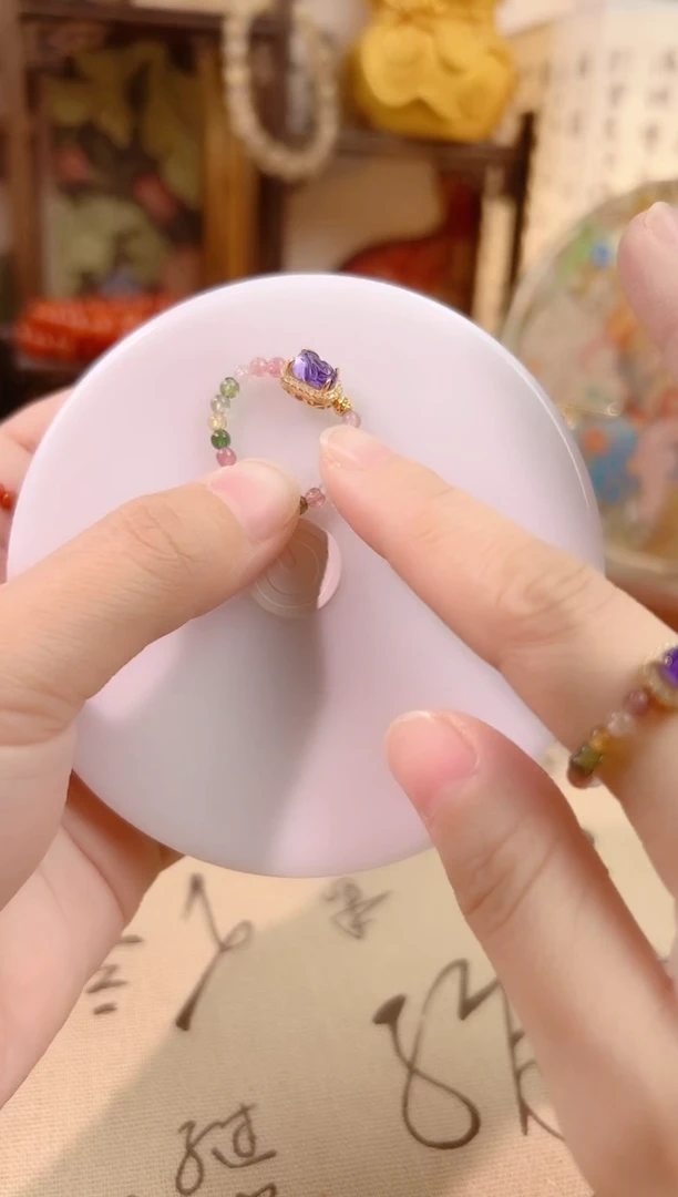 银S925镶嵌戒指碧玺碧玺紫水晶貔貅戒指
