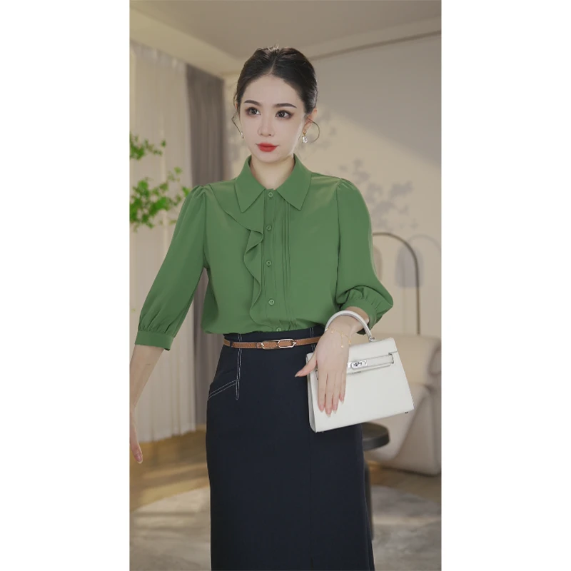 【曼曼甄选】流光风8592503竹叶绿气质休闲时尚薄款衬衫设计感百搭