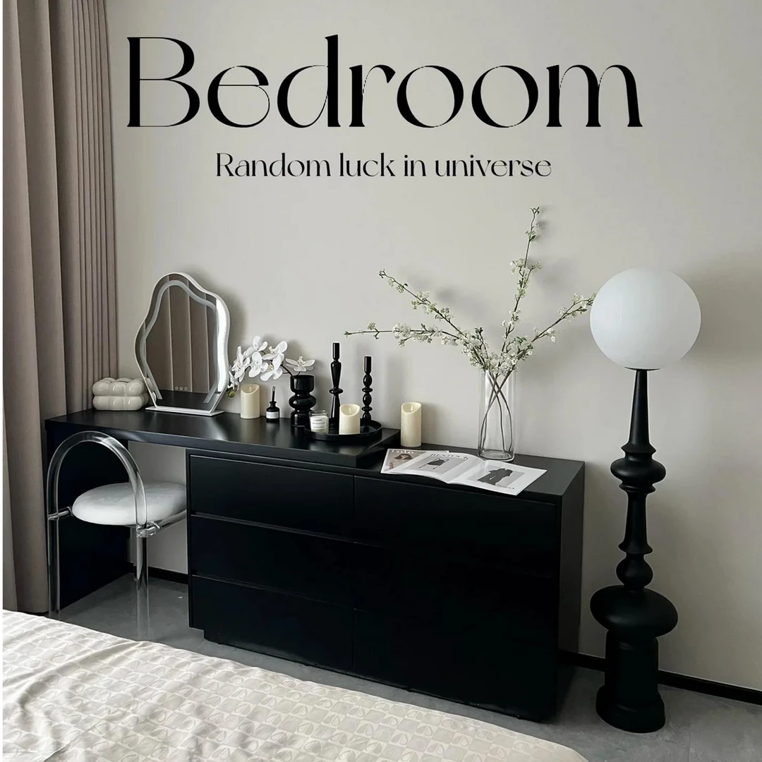 网红云锦实木梳妆台斗柜一体黑色复古化妆桌现代极简卧室床尾斗柜