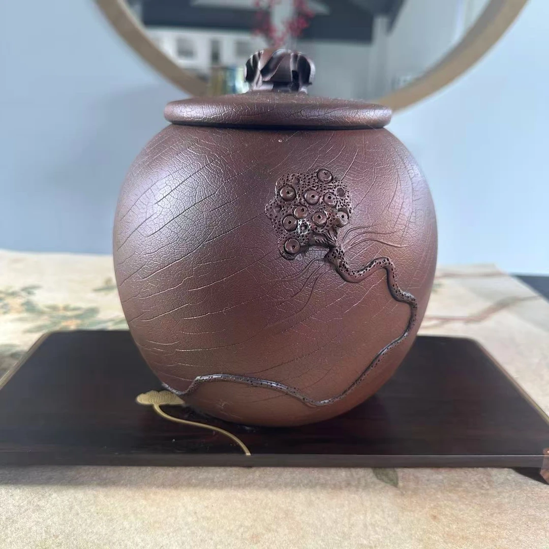 JSZT建水紫陶全手工菩提纹莲蓬堆雕醒茶罐