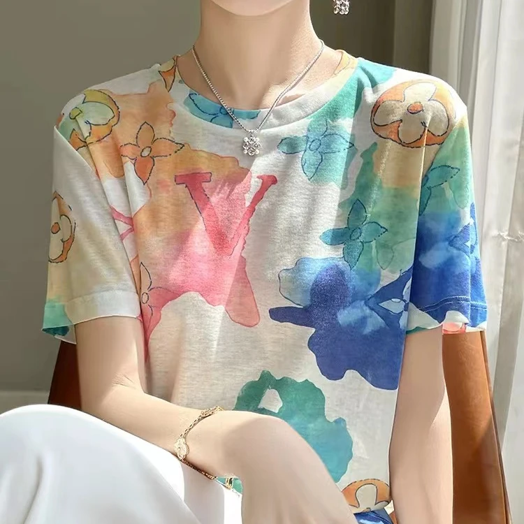 夏季新款针织短袖女圆领拼色半袖T恤宽松印花打底上衣