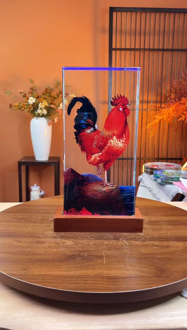 人造水晶大红公鸡30/15/4＋底座