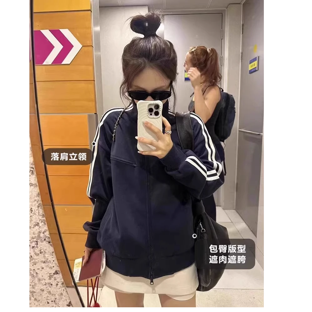 藏蓝色立领卫衣外套秋季运动休闲上衣韩系chic别致开衫棒球服夹克