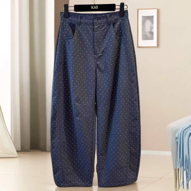 波点休闲九分裤女款2025新款高腰显瘦遮肉大码小个子宽松窄版直筒