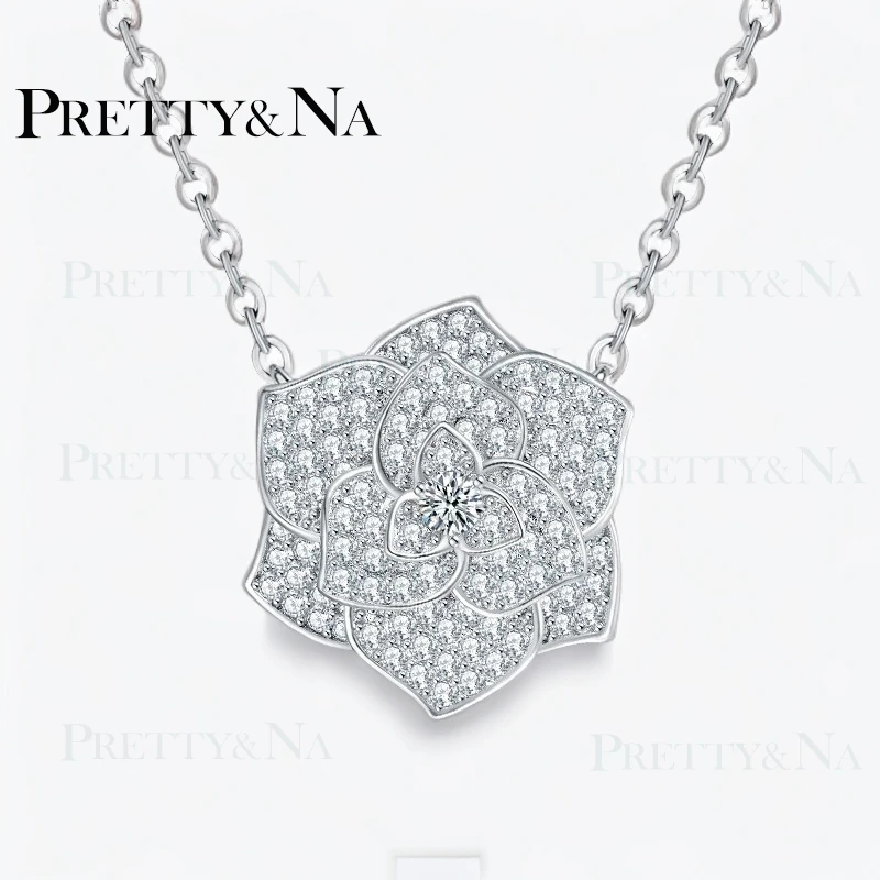 吊坠925银莫桑石 玫瑰花镶莫桑项链几何锁骨链气质白色轻奢时尚