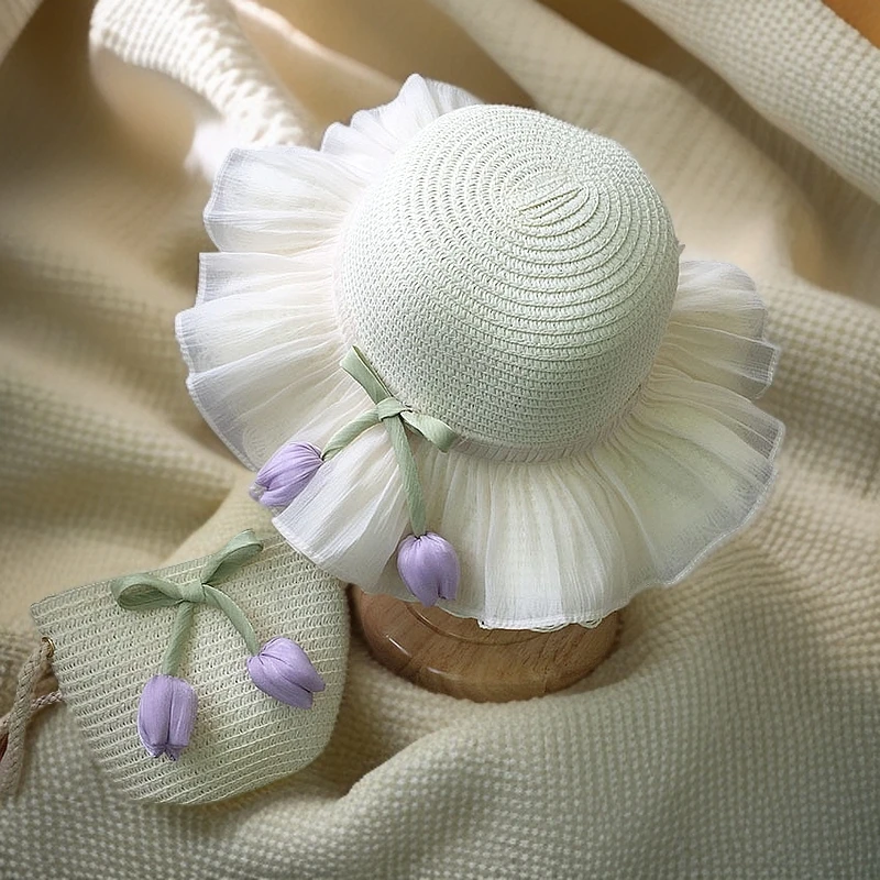 夏季女孩遮阳草帽公主婴幼儿帽渔夫帽草帽小女孩夏款蕾丝森系