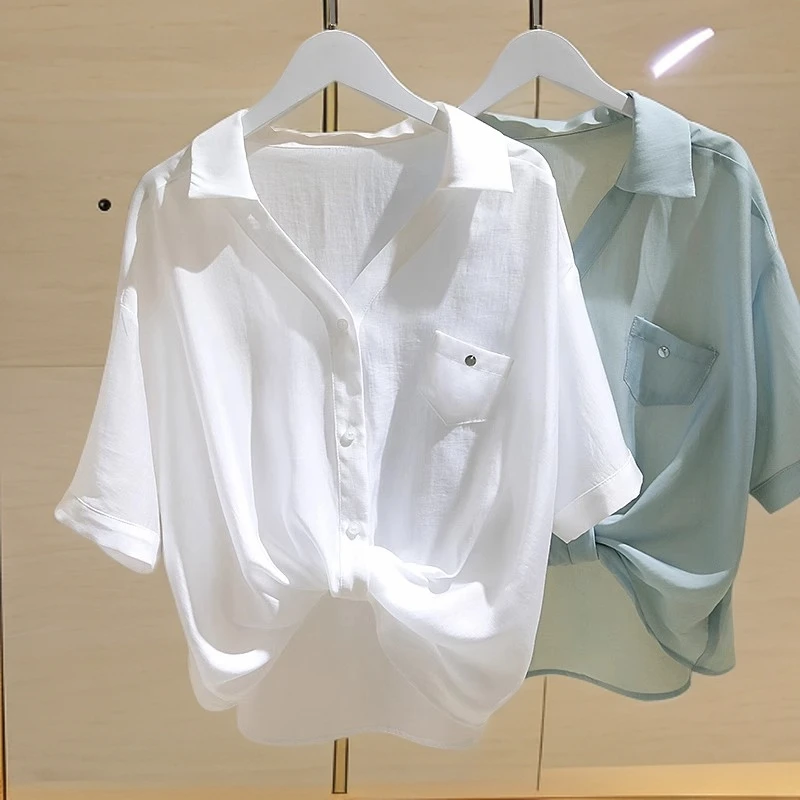 culv 白色薄款V领短袖衬衫女夏季新款单口袋宽松显瘦扭结衬衣上衣