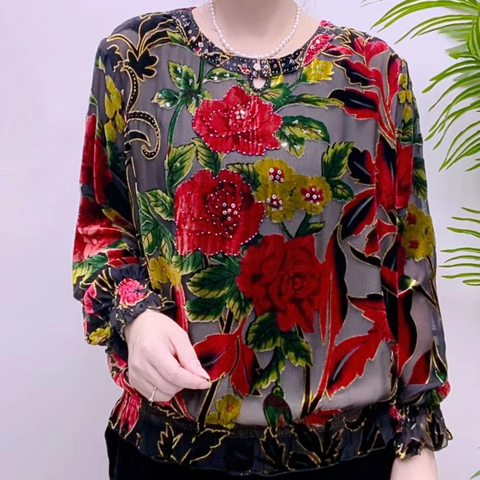 桑蚕丝植绒烧花高端上衣43A2078