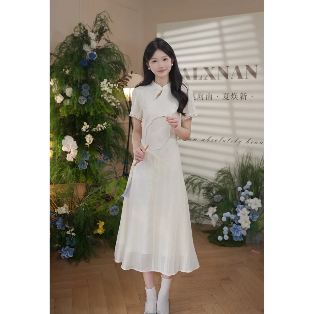 鹿向南「长风茶叙」新中式连衣裙女夏季新款收腰改良式旗袍气质长裙