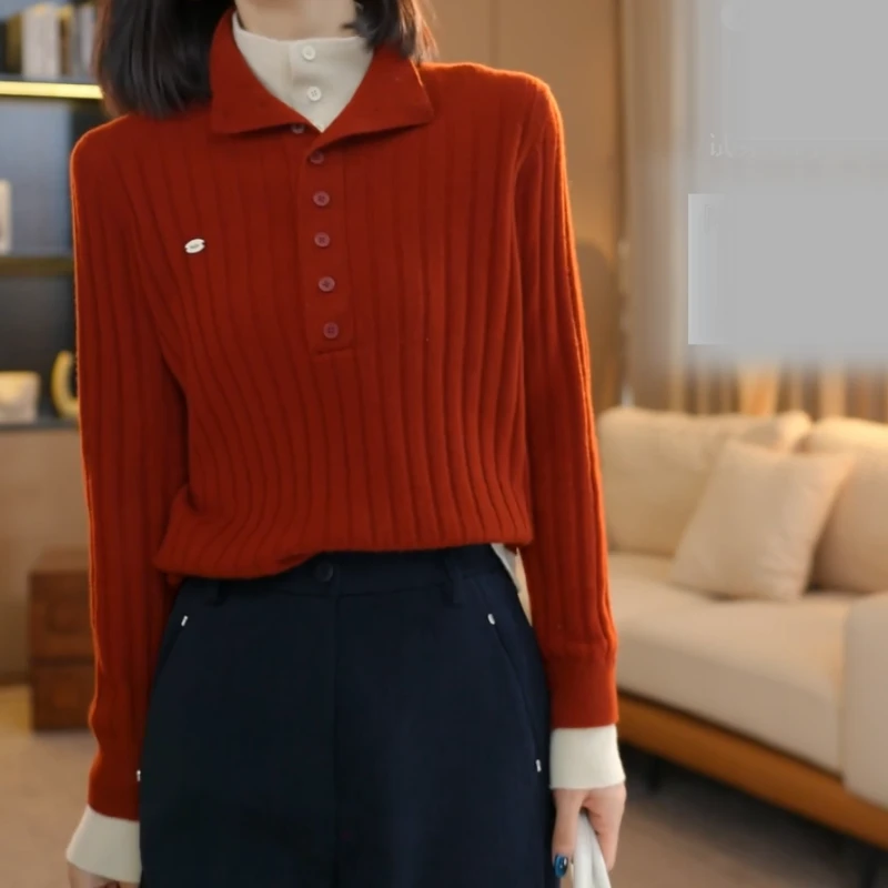 2025加厚秋冬新款撞色门襟假两件坑条针织上衣LK2508049