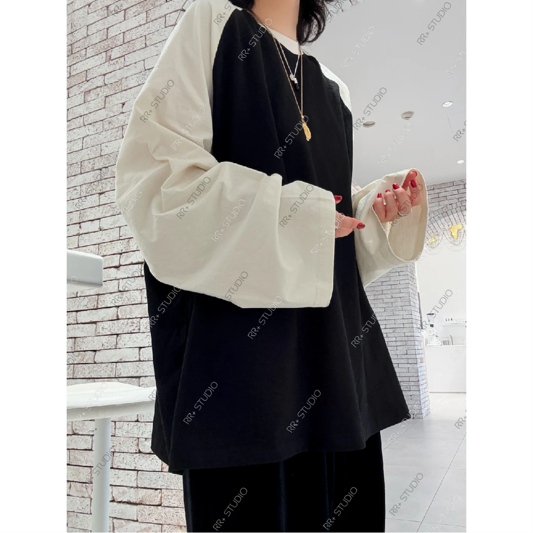 『豆公子』22165韩系宽松休闲拼接撞色插肩长袖T恤女基础款百搭上衣