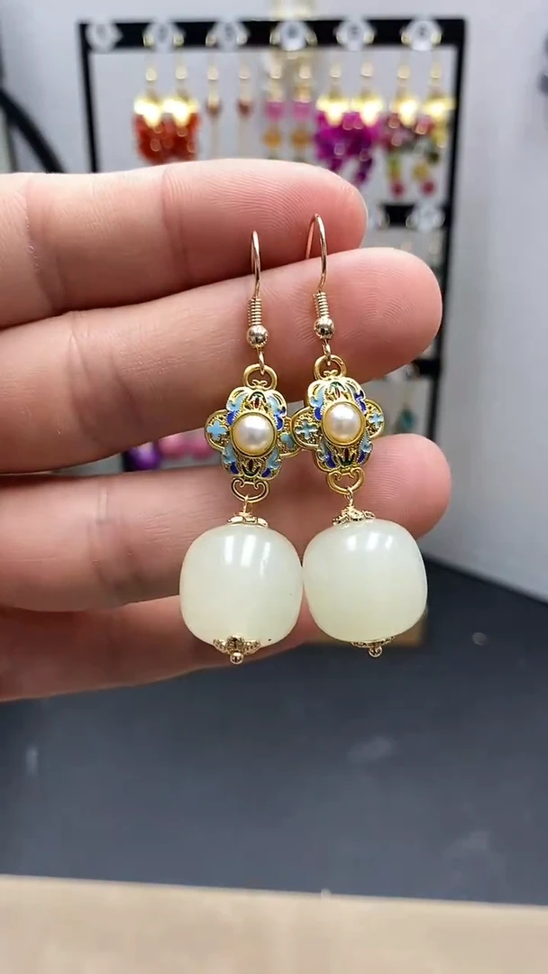 【闪购商品】和田玉耳饰银S925镀金镶嵌尺寸16mm桶珠A2