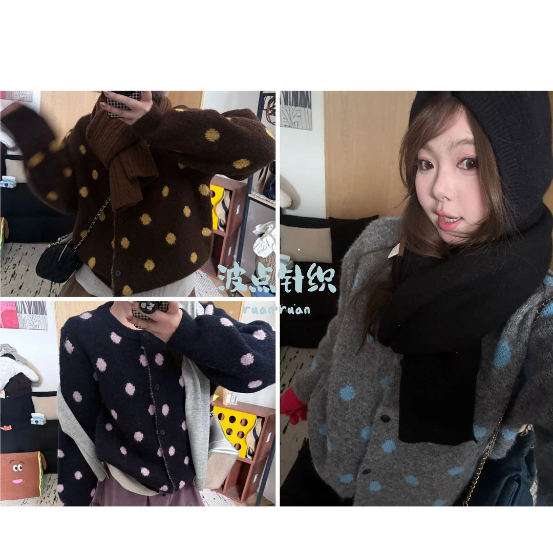 晶咕软软【彩色波点】韩系慵懒风设计感撞色波点针织上衣