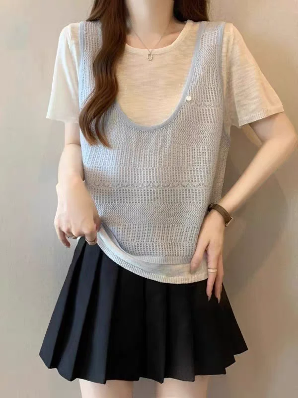 镂空马甲叠穿竹节棉冰丝短袖T恤女2025夏季假两件上衣