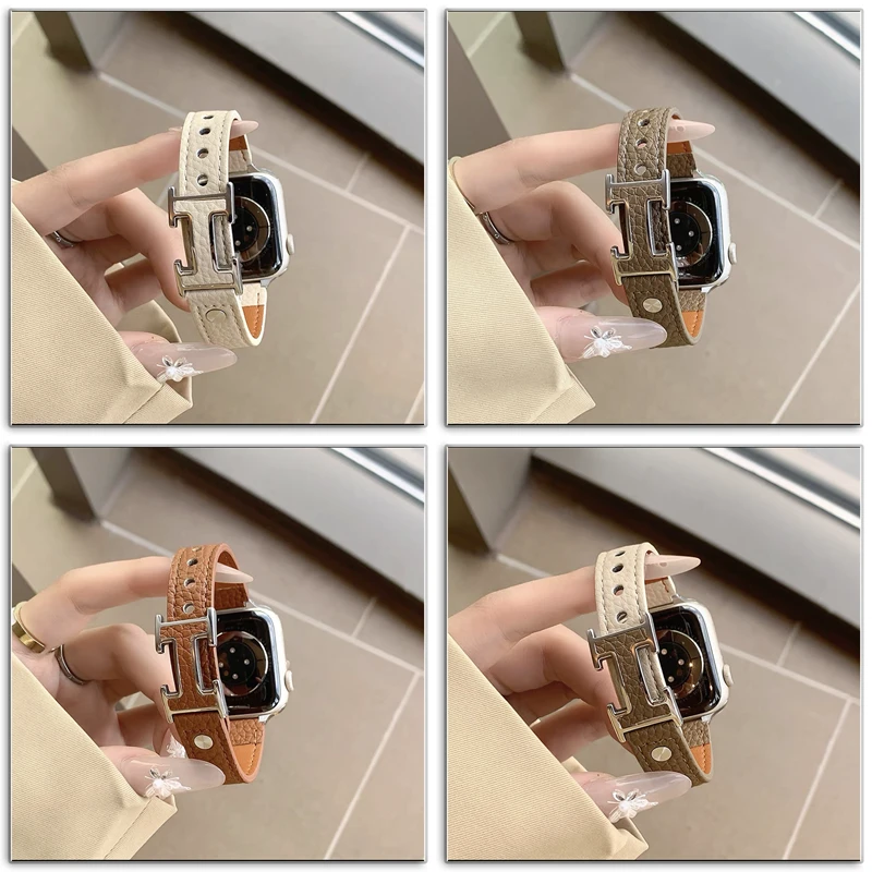 适用苹果iwatchS10华为手表GT5小米S4细款真皮荔枝纹双钉H扣表带