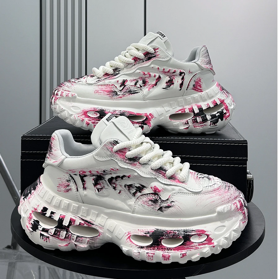 DAFIFY运动休闲鞋男2025秋冬新款老爹鞋小众厚底内增高擦色涂鸦鞋