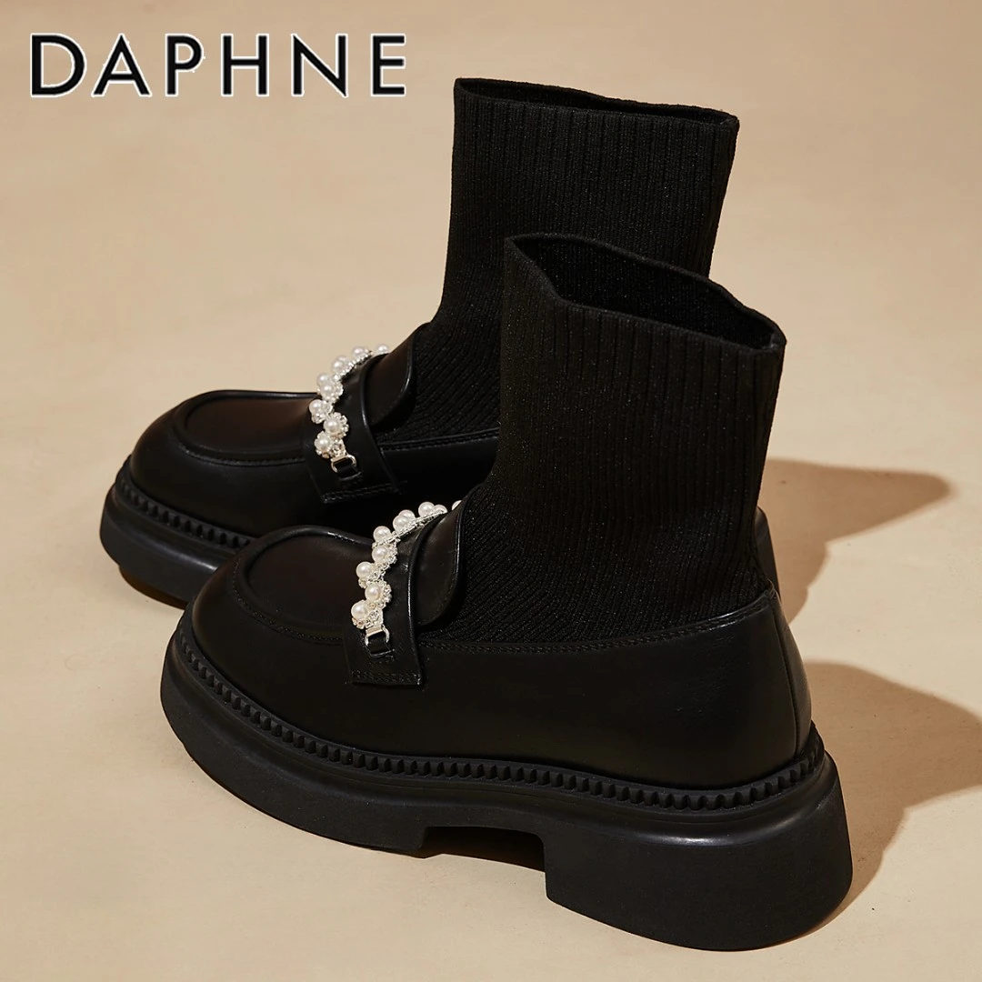 达芙妮连袜靴女短靴2025新款靴子厚底针织弹力靴冬季圆头乐福袜鞋