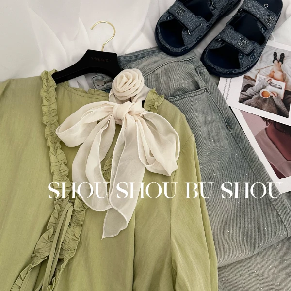 【瘦瘦】浪漫主义-大码夏季纯色优雅绑带木耳边开衫衬衫S01458