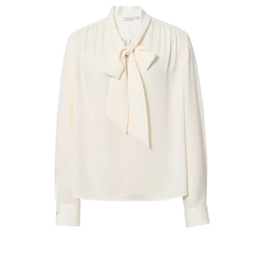 2025纽扣碎褶蝴蝶结长袖宽松型衬衫打底女装衬衣小衫9555