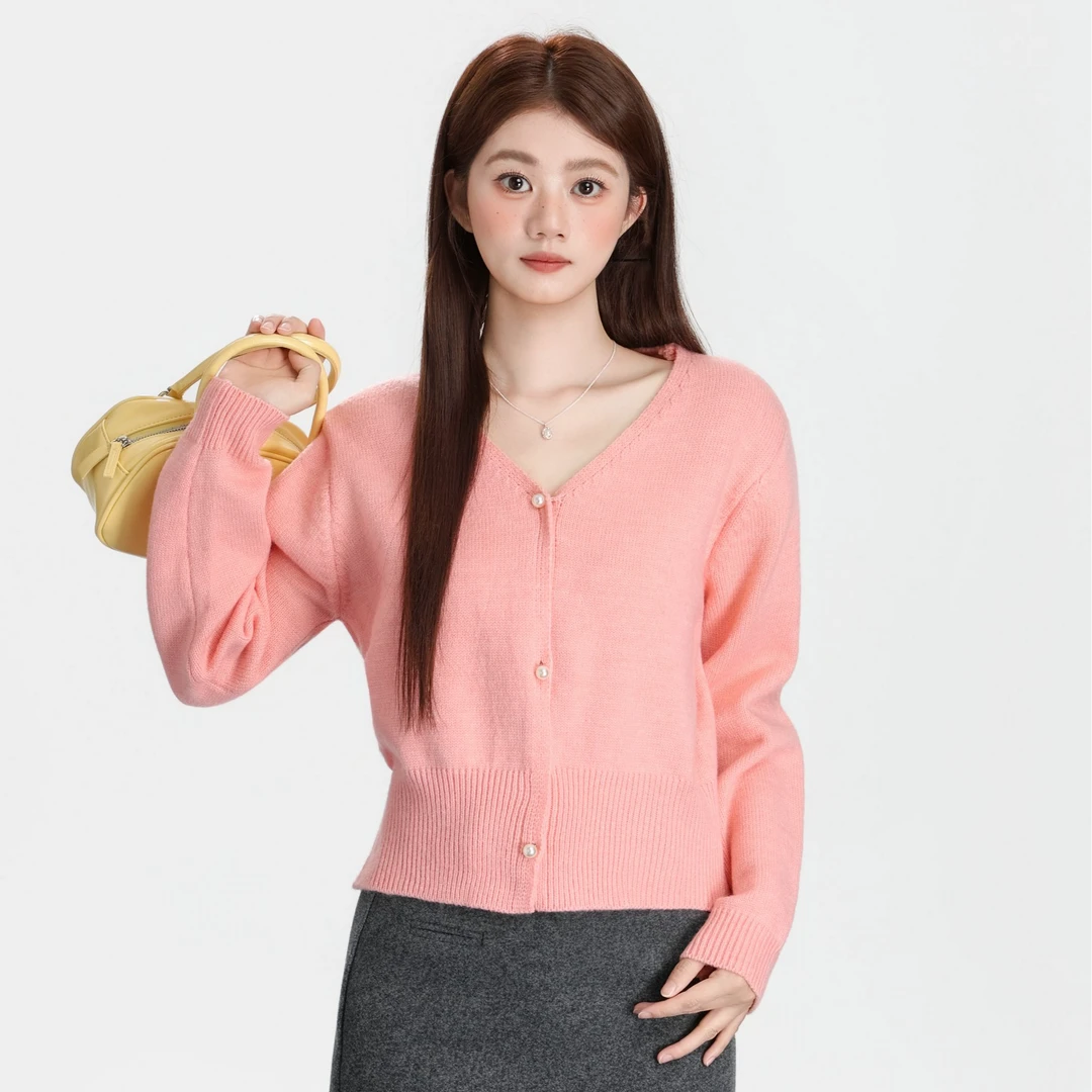 软糯粉色浣熊绒毛衣开衫女秋款纯欲v领长袖针织衫慵懒高级感外套