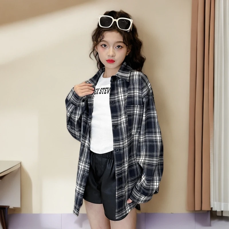 女童衬衫春秋2025新款秋装大童棉格子爆款长袖上衣儿童衬衣薄外套