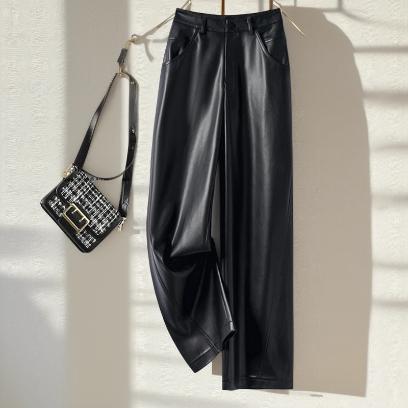 海宁真皮裤阔腿裤女2025春秋新款高腰垂感窄版直筒香蕉裤镰刀裤潮