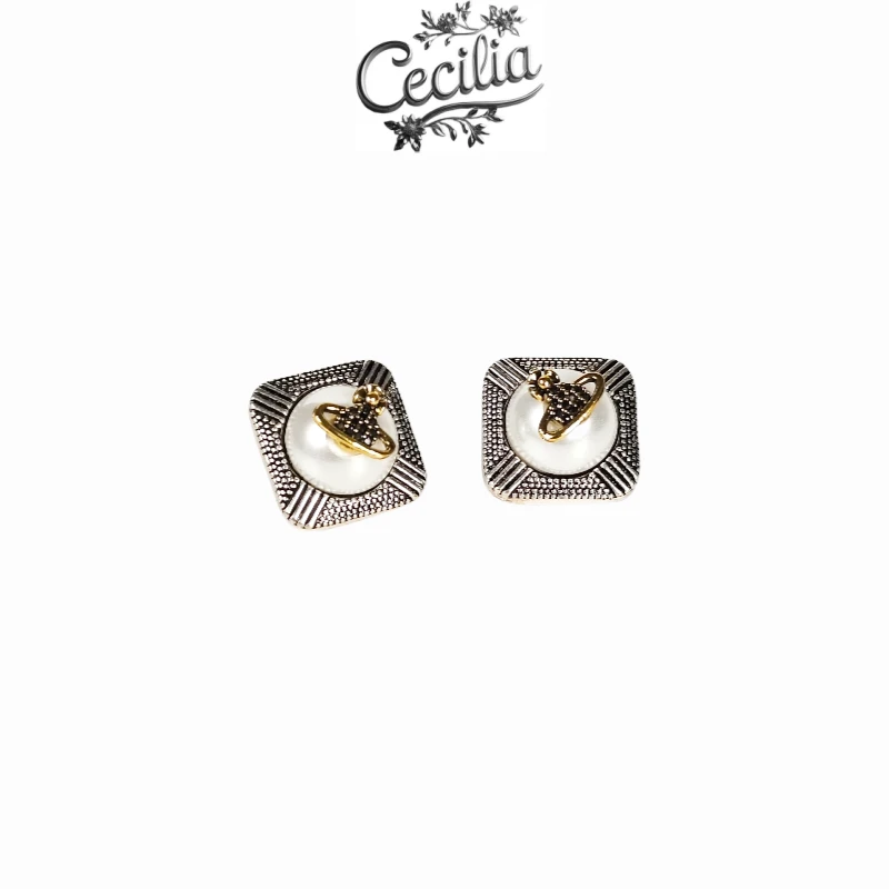 铜合金耳饰 Cecilia复古星球珍珠耳环方形银框星球珍珠时尚L-E03