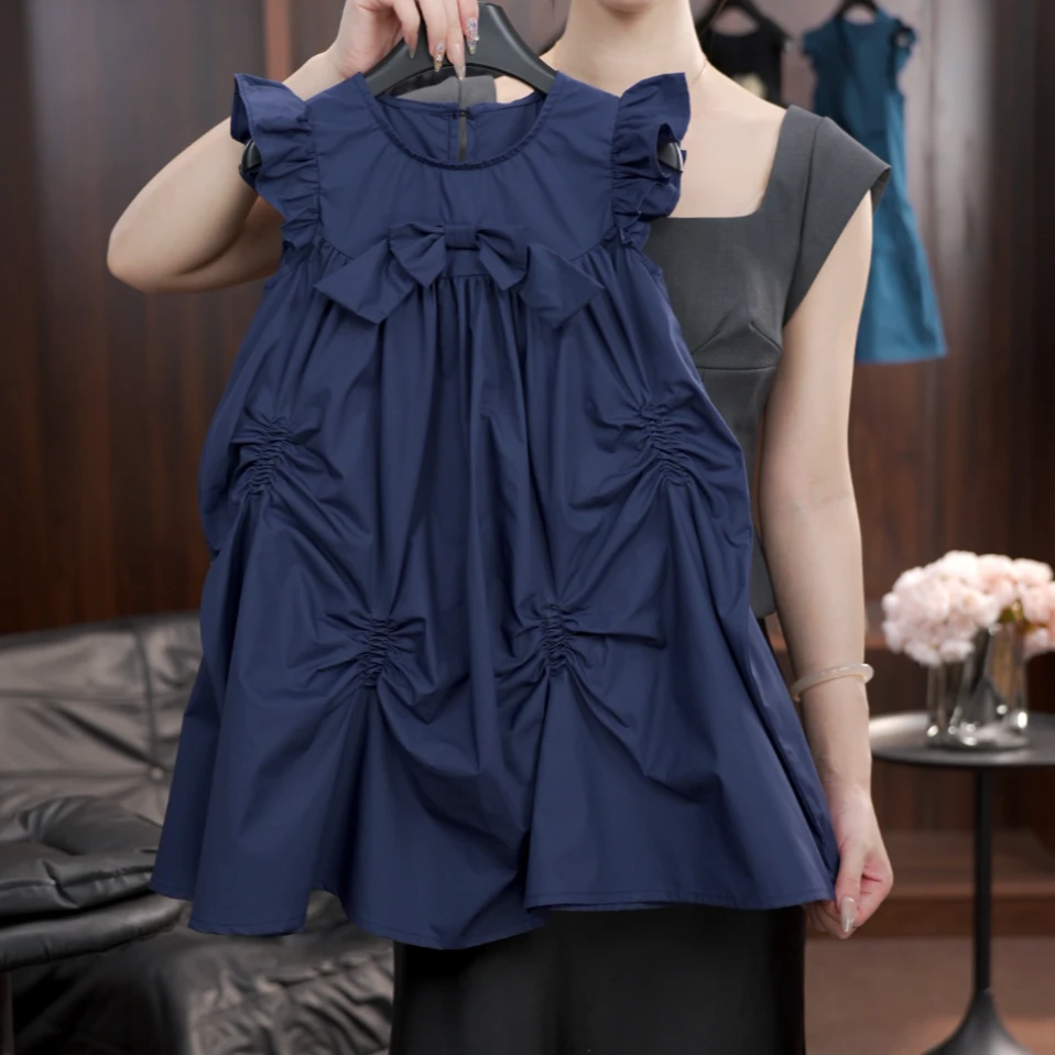 【1%】女童纯棉复古蝴蝶结捏褶小飞袖连衣裙无袖新款“2582”