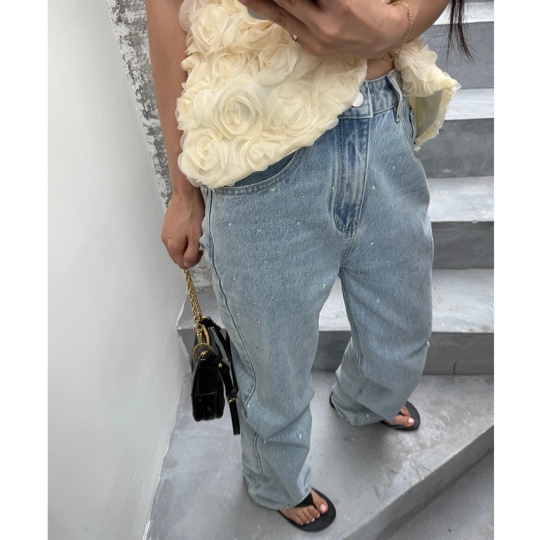 逸语IN choose u笑笑家2025夏季韩版显瘦浅色贴钻牛仔直筒裤86351