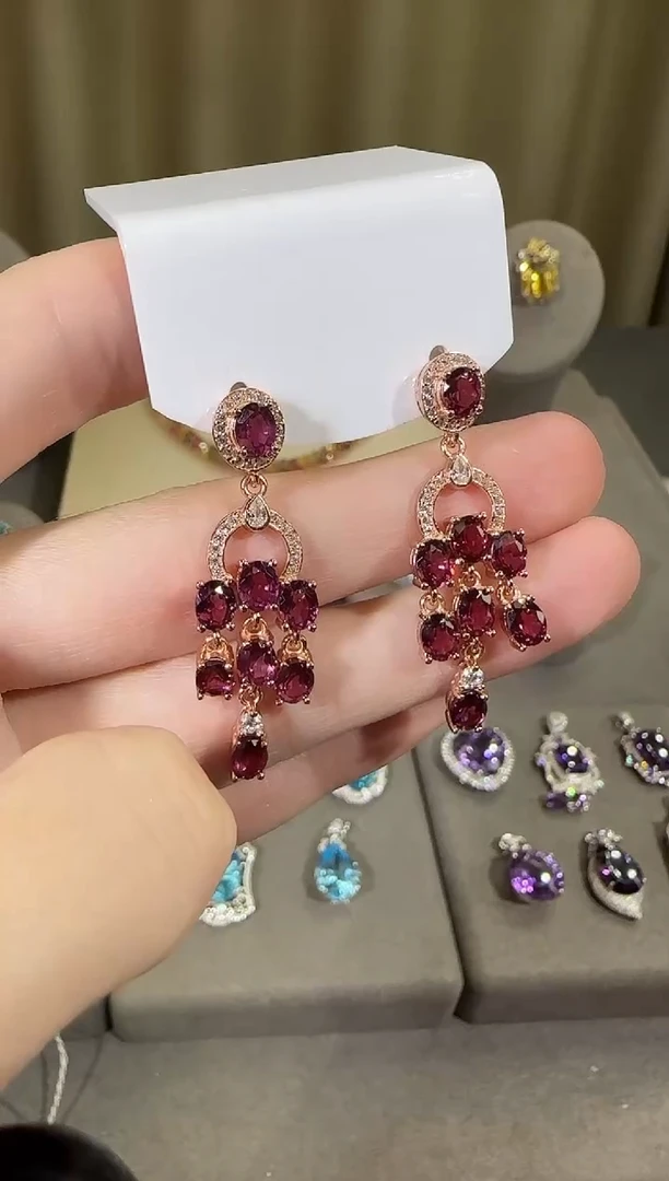 银S925镶嵌耳饰石榴石3*6mm耳坠流苏设计款