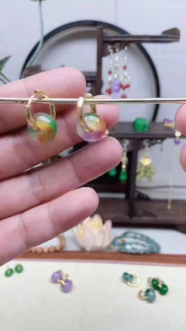 翡翠14K金镶嵌耳饰122号春彩