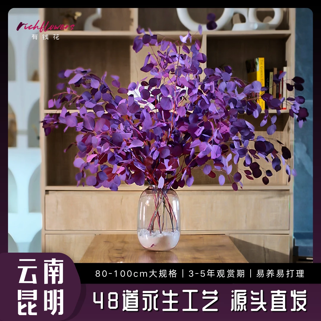 有钱花4A级紫红色桌面苹果尤加利叶花材长期摆放高端家具软装鲜花