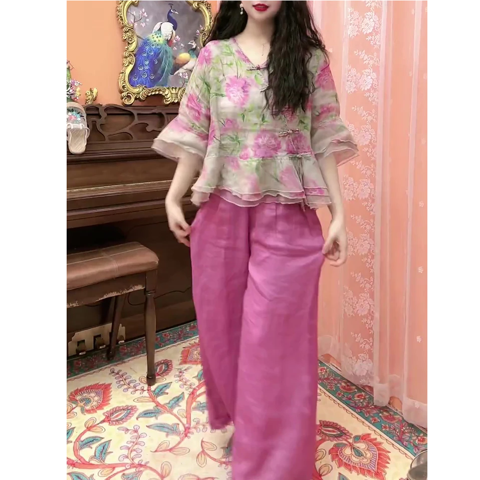 高端民族风套装女2025夏季新款收腰显瘦国风花色上衣+长裤两件套