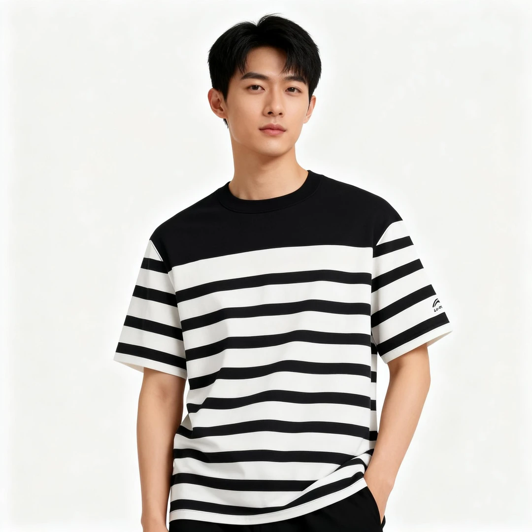 李宁男夏季新款运动潮流系列时尚条纹透气短袖文化衫AHSU299-B品