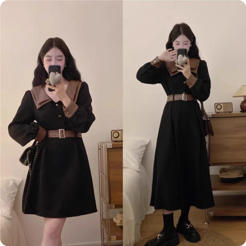 （现货）大码法式长袖连衣裙秋收腰显瘦A字短裙赫本风气质裙子1594